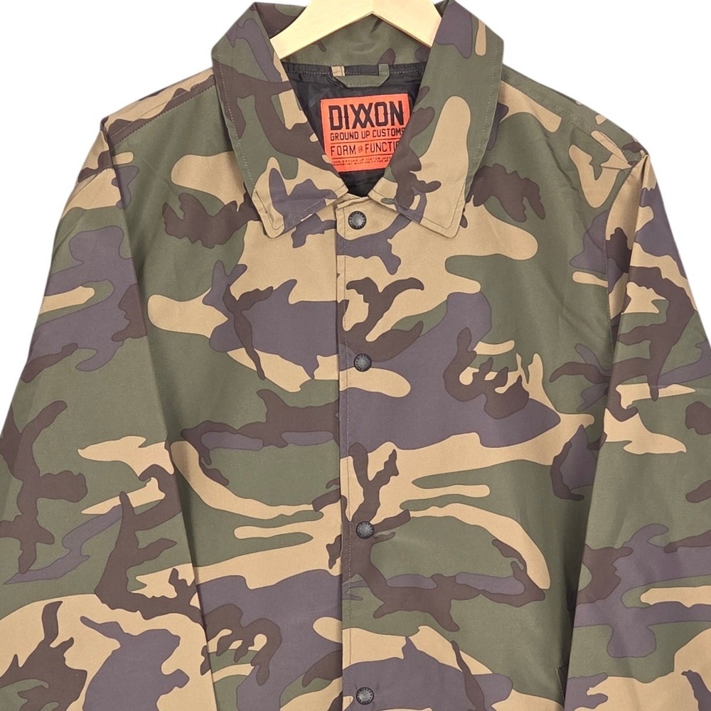 Dixxon Coach Jacket Mens Large Green Camo Snap Front Windbreaker Outdoor Lined